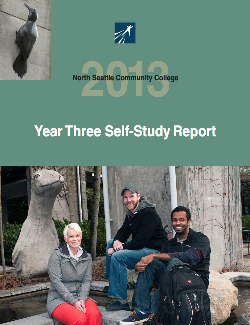 2013 Accreditation report cover showing three students in the NSC sculpture garden.