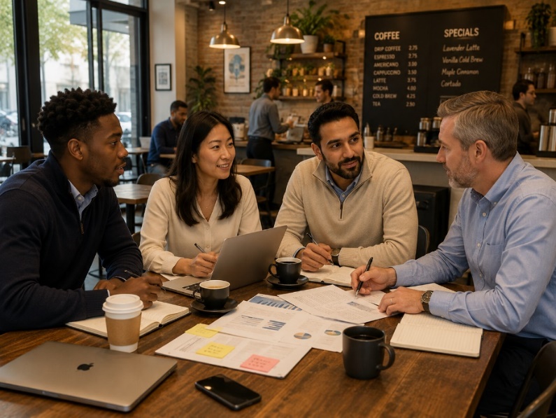 AI generated image of professionals sitting at a coffee shop