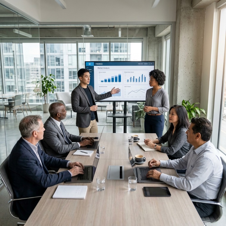 AI generated image of a team looking at a graph