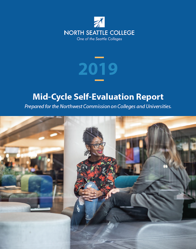 2019 Mid-Cycle Accreditation Report cover showing students chatting in the Grove.