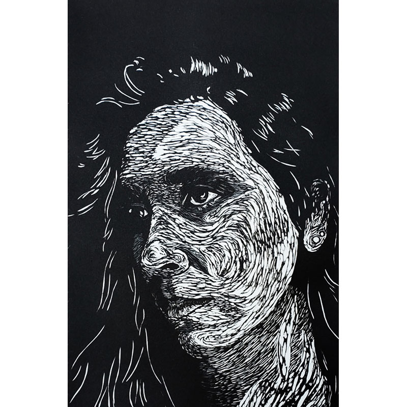 Desirae	Beedle	Staring at My Own Face for Too Many Hours	Black and White linocut on BFK Rives Paper	15" x 11"	2022