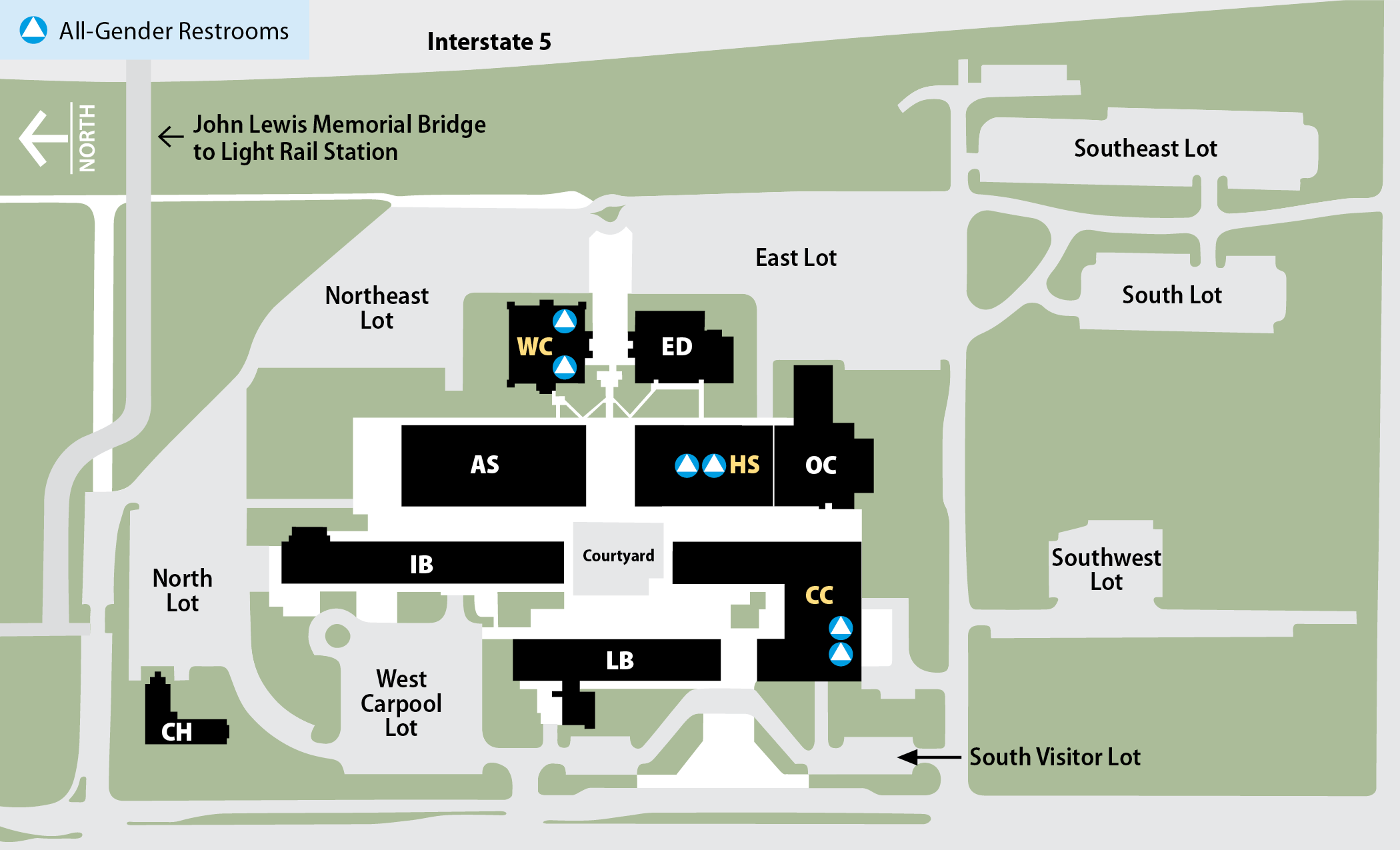 North Seattle College Campus Overview Map - All Gender Restrooms noted in College Center Building, Health Sciences and Student Resouces Building, and Wellness Center. Refer to text above this image detailing locations of restrooms.