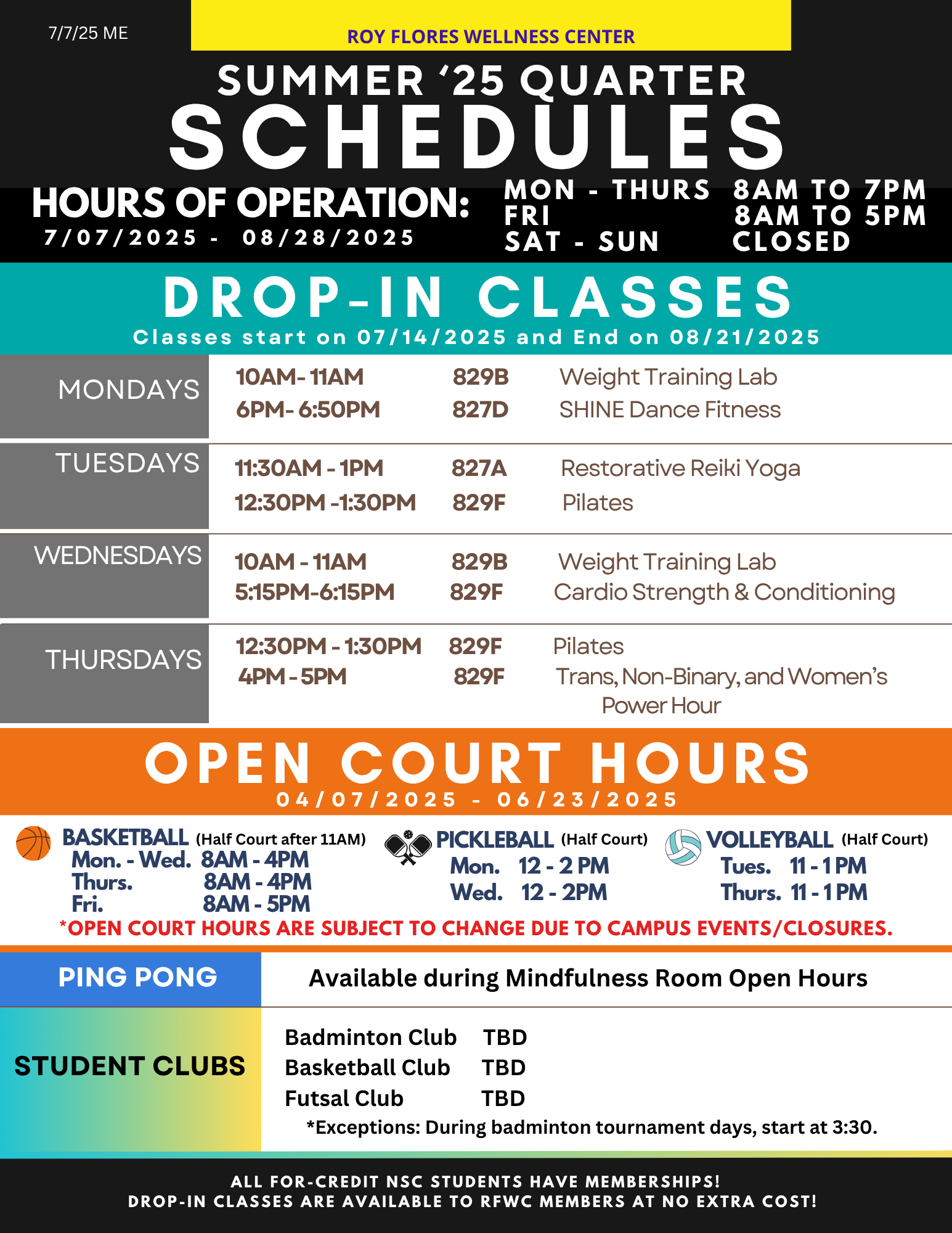 Summer schedule