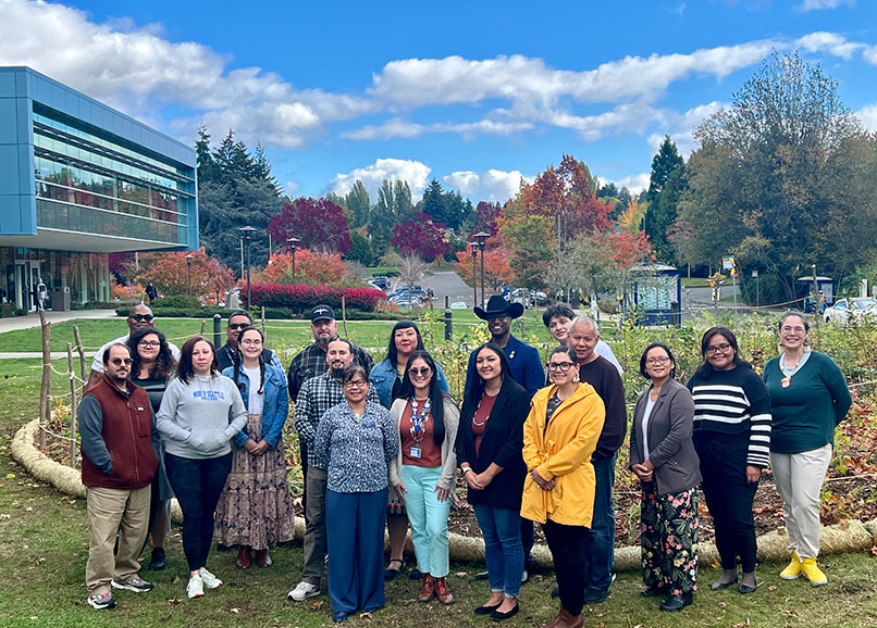 The NSC Tribal Advisory Board (TAB) met for the first time on Tuesday, October 22, 2024. TAB members are pictured here at the NSC Unity Forest with Associate Vice Chancellor for Equity, Diversity, Inclusion and Community D'Andre Fisher and NSC President Rachel Solemsaas.